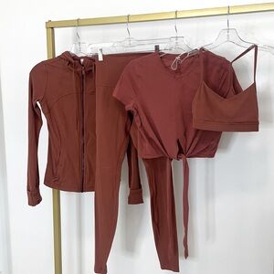 Lululemon SET Rustic Clay leggings, jacket, sports bra, & shirt